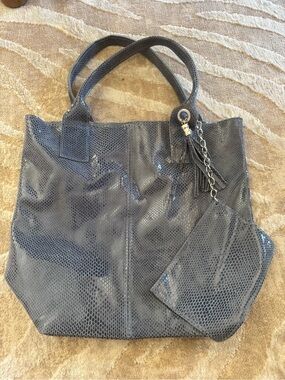Snake-Embossed Grey Tote with Detachable Wristlet
